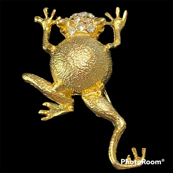 Gold Tone M Jent Frog Brooch With Clear Rhinestone Bling Head - Picture 1 of 9